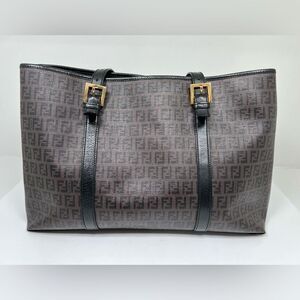 Auth FENDI Zucchino Tote Shoulder Bag Brown Black PVC Leather